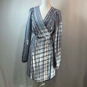 Blue Rain Wrap Dress Womens L Long Sleeve Bohemian Print Party‎ Casual